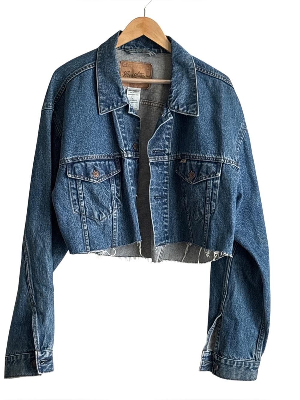 Levi Strauss Denim Jacket Cut Off Cropped Hem 100% Cotton Size XL Unisex